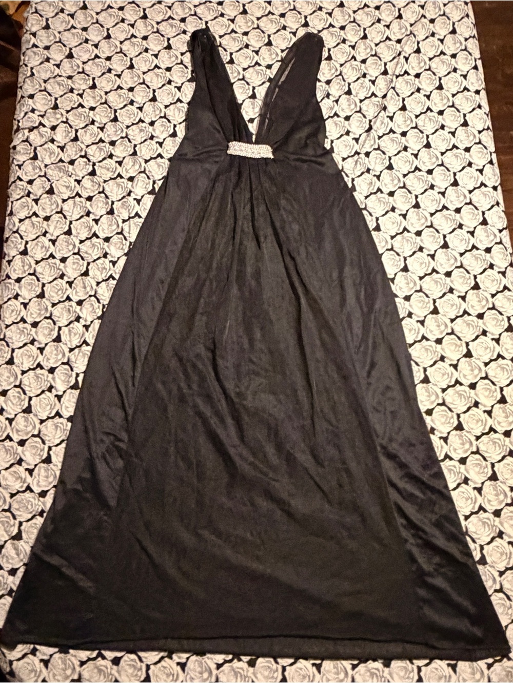 Vintage 70s Black Maxi Gown S Liquid Lingerie Sheer Mesh V-Neck Silver Crochet